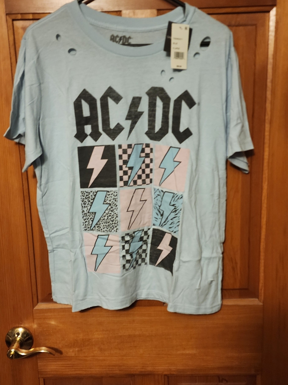 AC/DC Light Blue Kids Graphic Tee with Pastel Lightning Squares